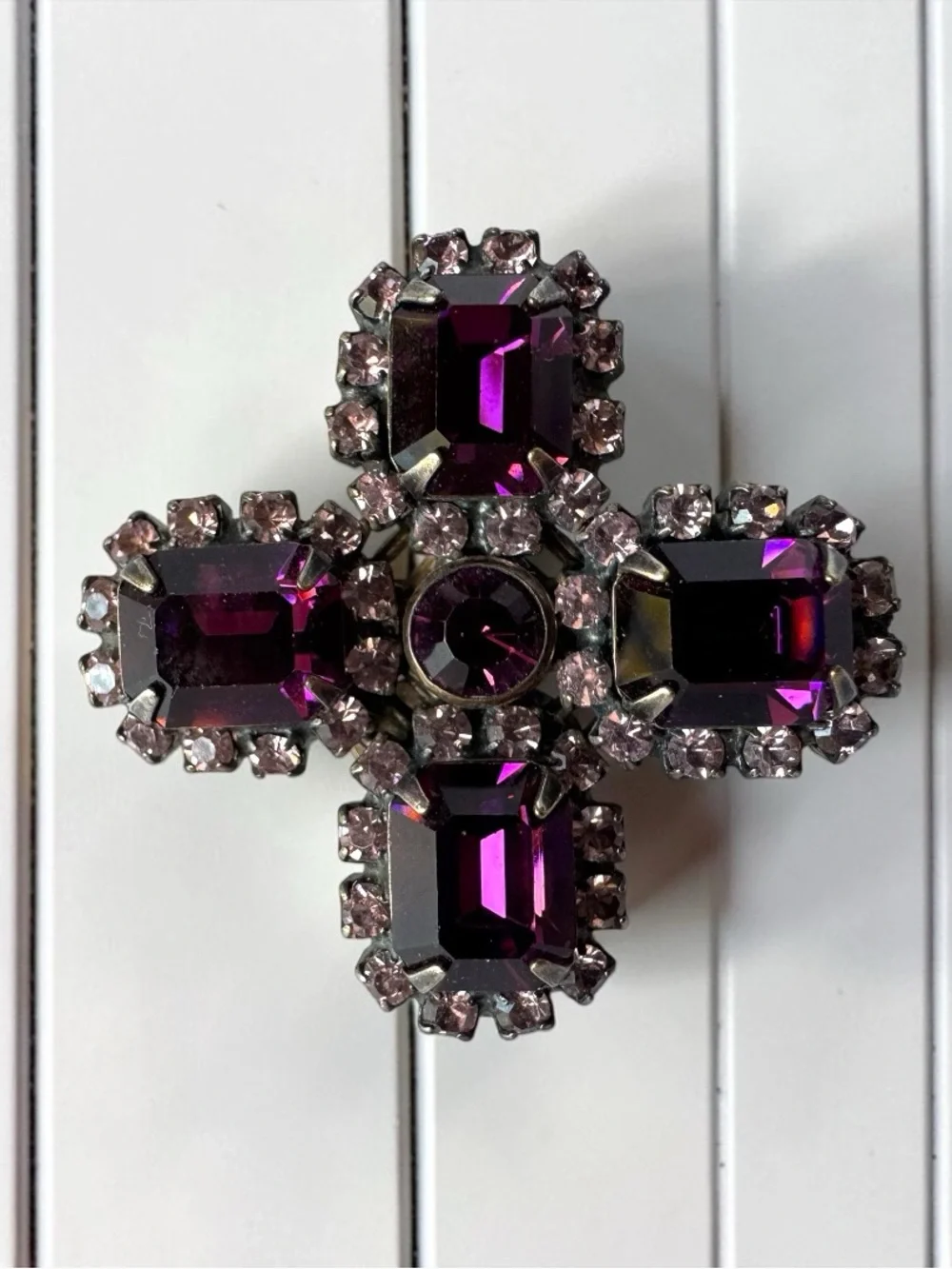 Liz Palacios Purple Rhinestone Cross Brooch Pin Vintage Style Statement Jewelry